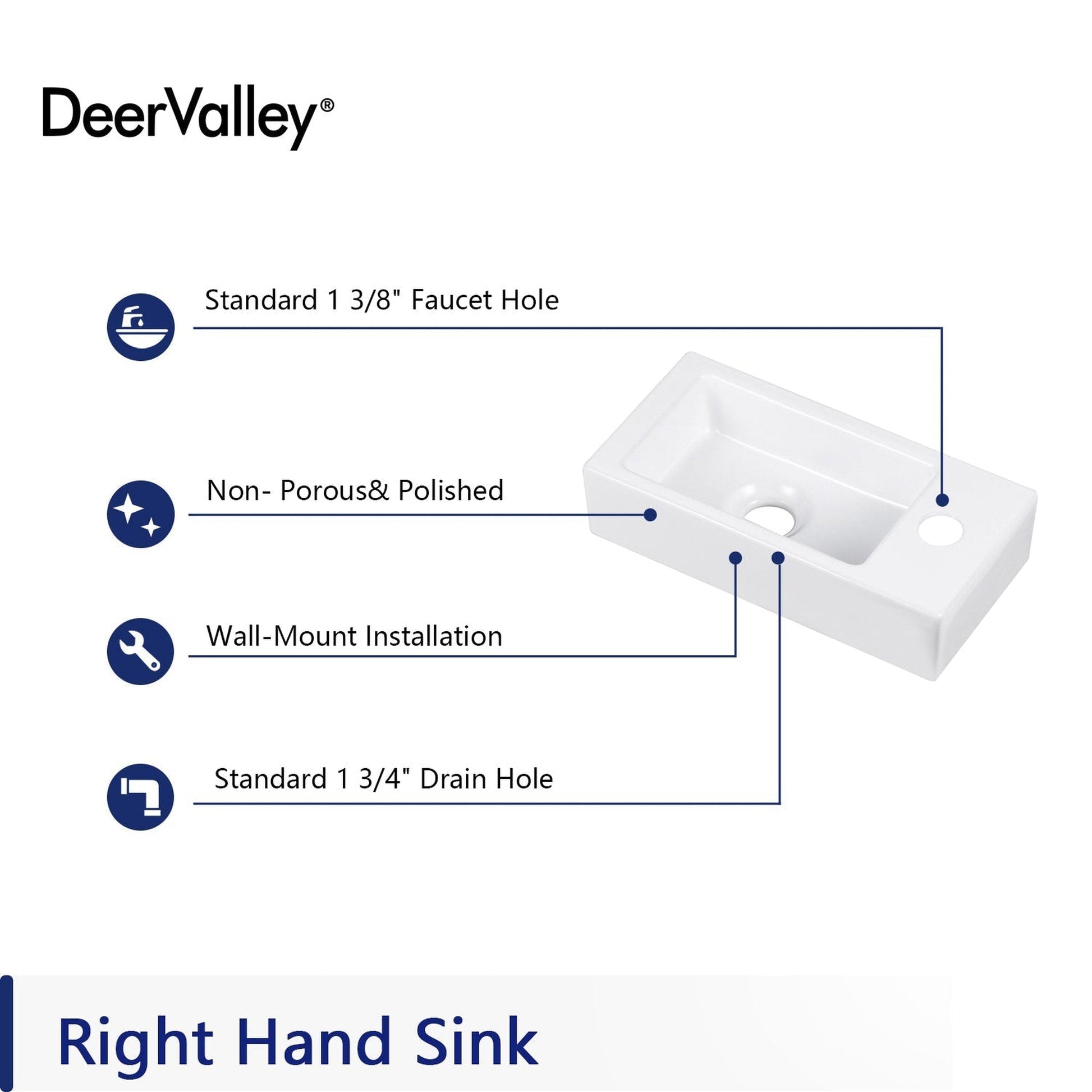 DeerValley Liberty Rectangular White Wall-Mounted Bathroom Sink With Right Single Faucet Drilling