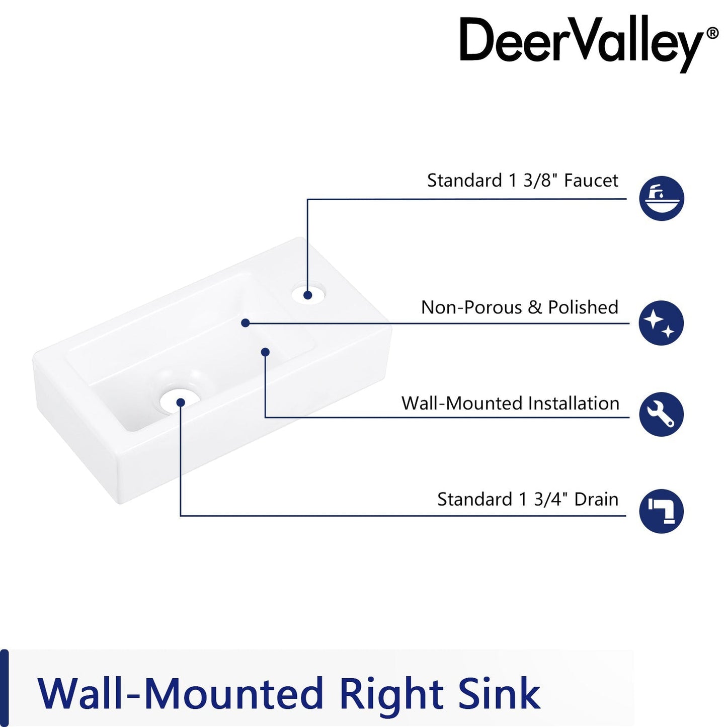 DeerValley Liberty Rectangular White Wall-Mounted Bathroom Sink With Right Single Faucet Drilling