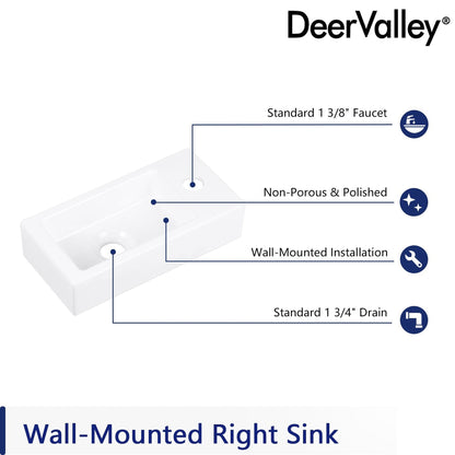 DeerValley Liberty Rectangular White Wall-Mounted Bathroom Sink With Right Single Faucet Drilling