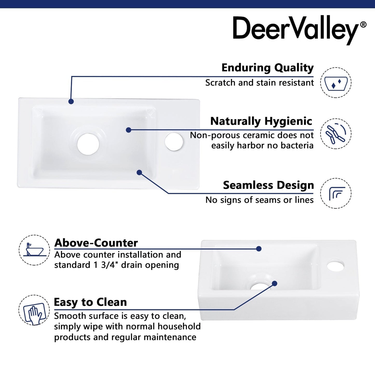 DeerValley Liberty Rectangular White Wall-Mounted Bathroom Sink With Right Single Faucet Drilling