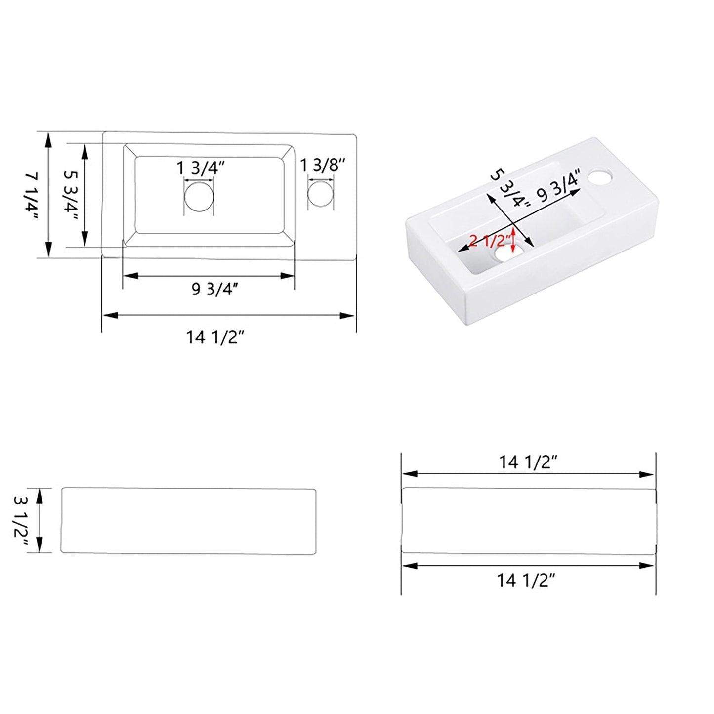 DeerValley Liberty Rectangular White Wall-Mounted Bathroom Sink With Right Single Faucet Drilling