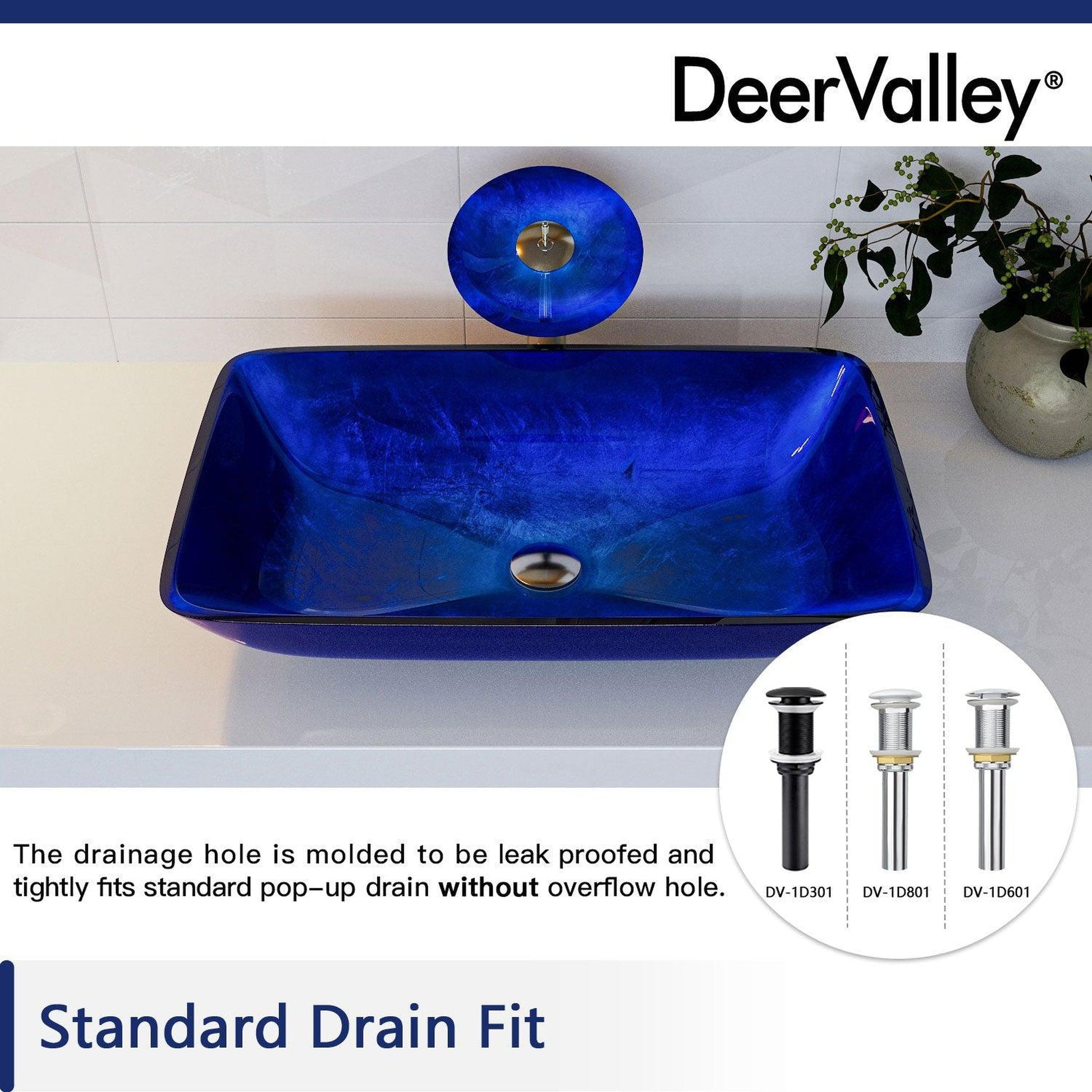 DeerValley Prism 22" Rectangular Blue Tempered Glass Bathroom Vessel Sink