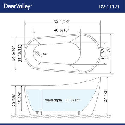 DeerValley Prism 59" x 29" Oval White Single Slipper Freestanding Acrylic Bathtub