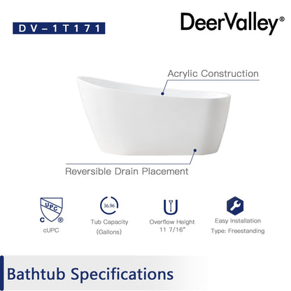 DeerValley Prism 59" x 29" Oval White Single Slipper Freestanding Acrylic Bathtub