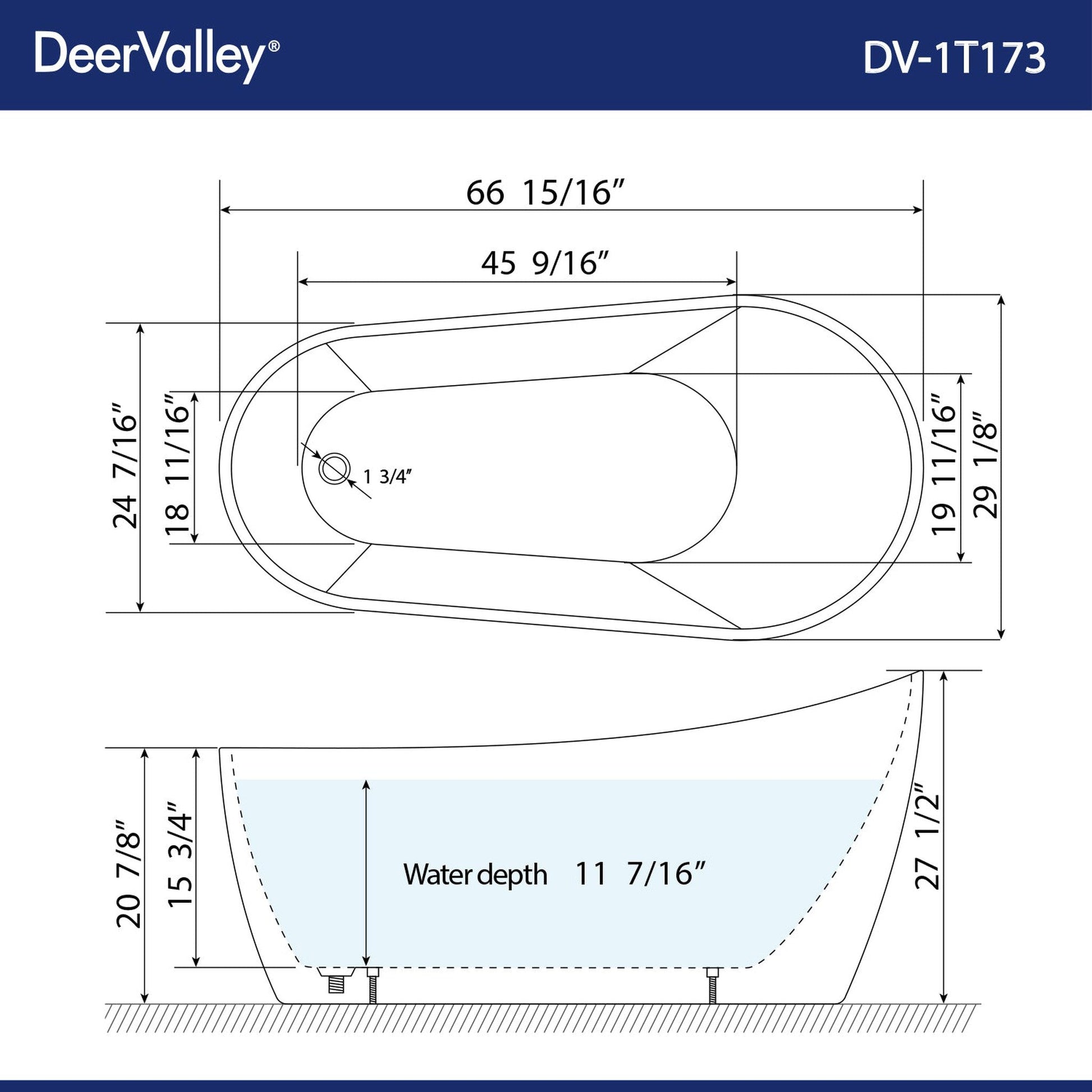 DeerValley Prism 67" x 29" Oval White Single Slipper Freestanding Acrylic Bathtub