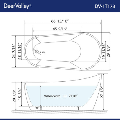 DeerValley Prism 67" x 29" Oval White Single Slipper Freestanding Acrylic Bathtub