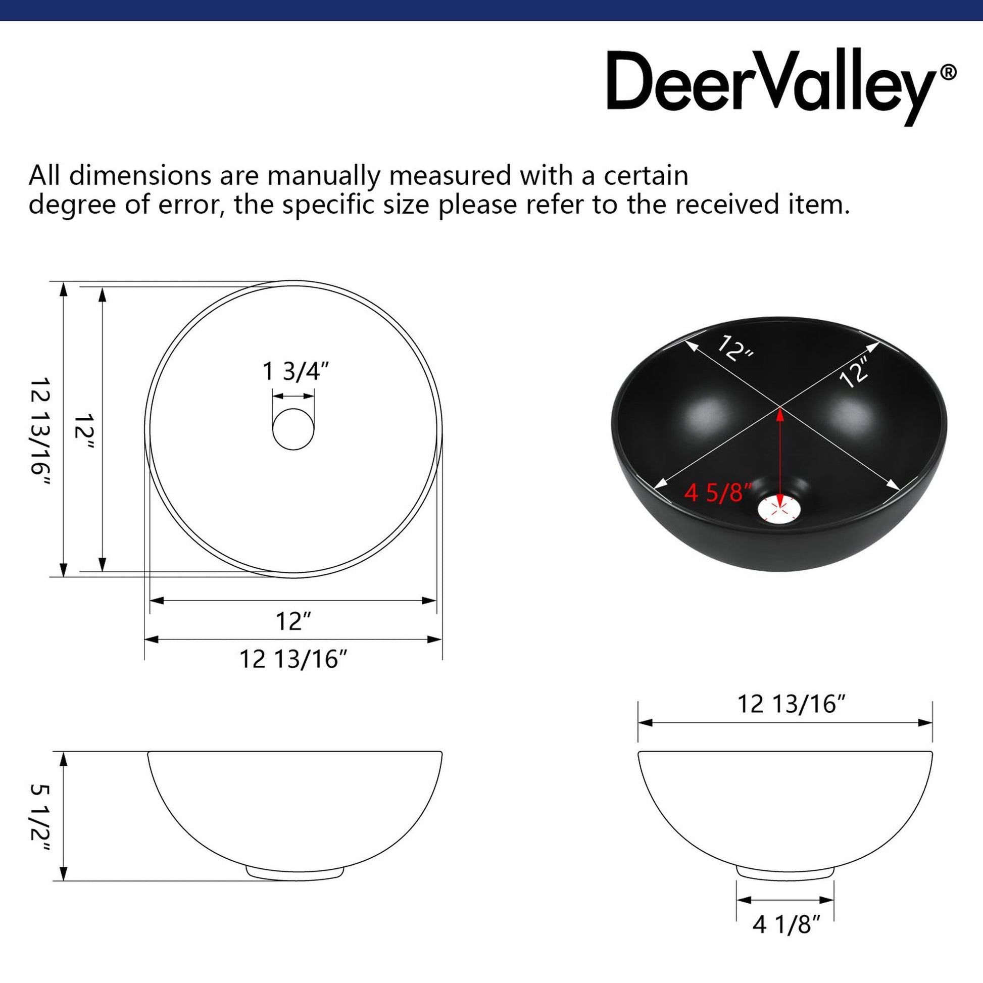 DeerValley Symmetry 13" Circular Black Vessel Bathroom Sink