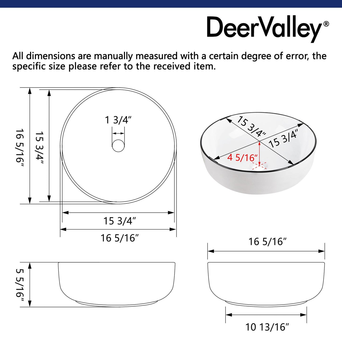 DeerValley Symmetry 16" Circular White Vessel Bathroom Sink With Black Edge