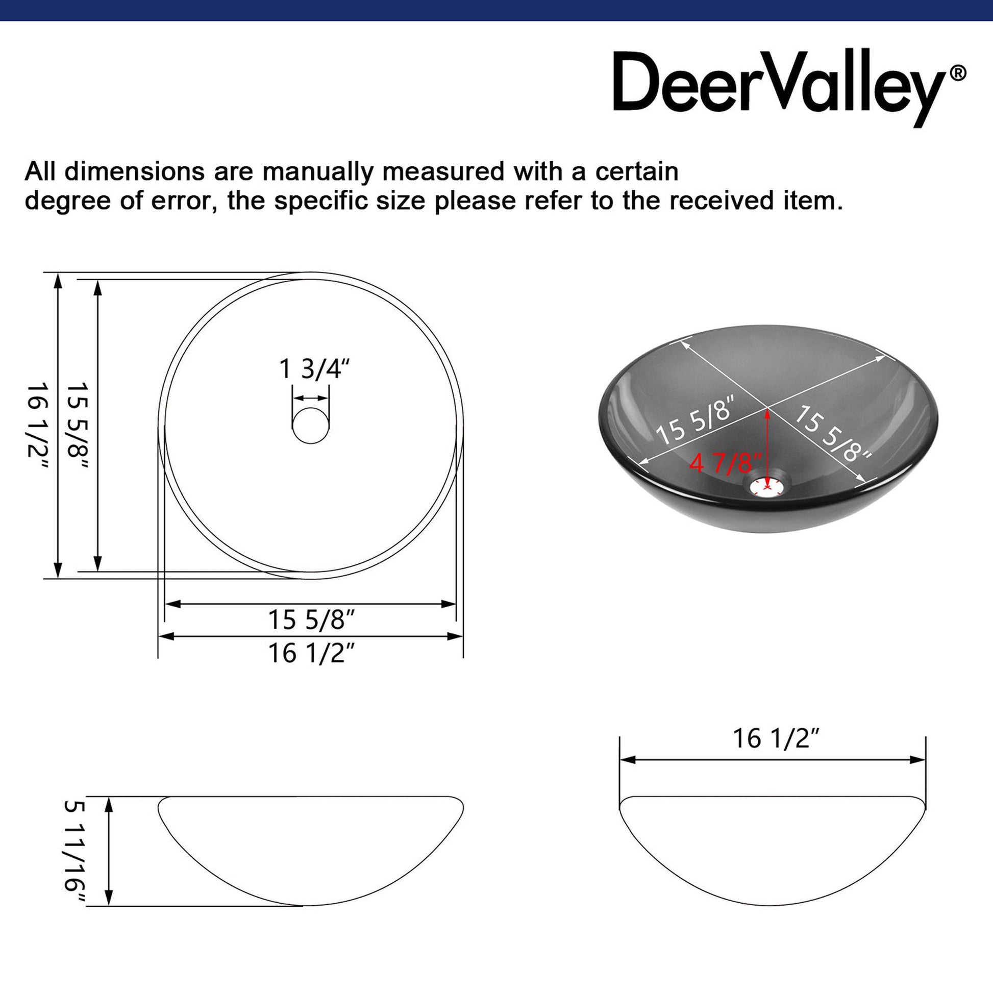 DeerValley Symmetry 17" Circular Black Tempered Glass Bathroom Vessel Sink