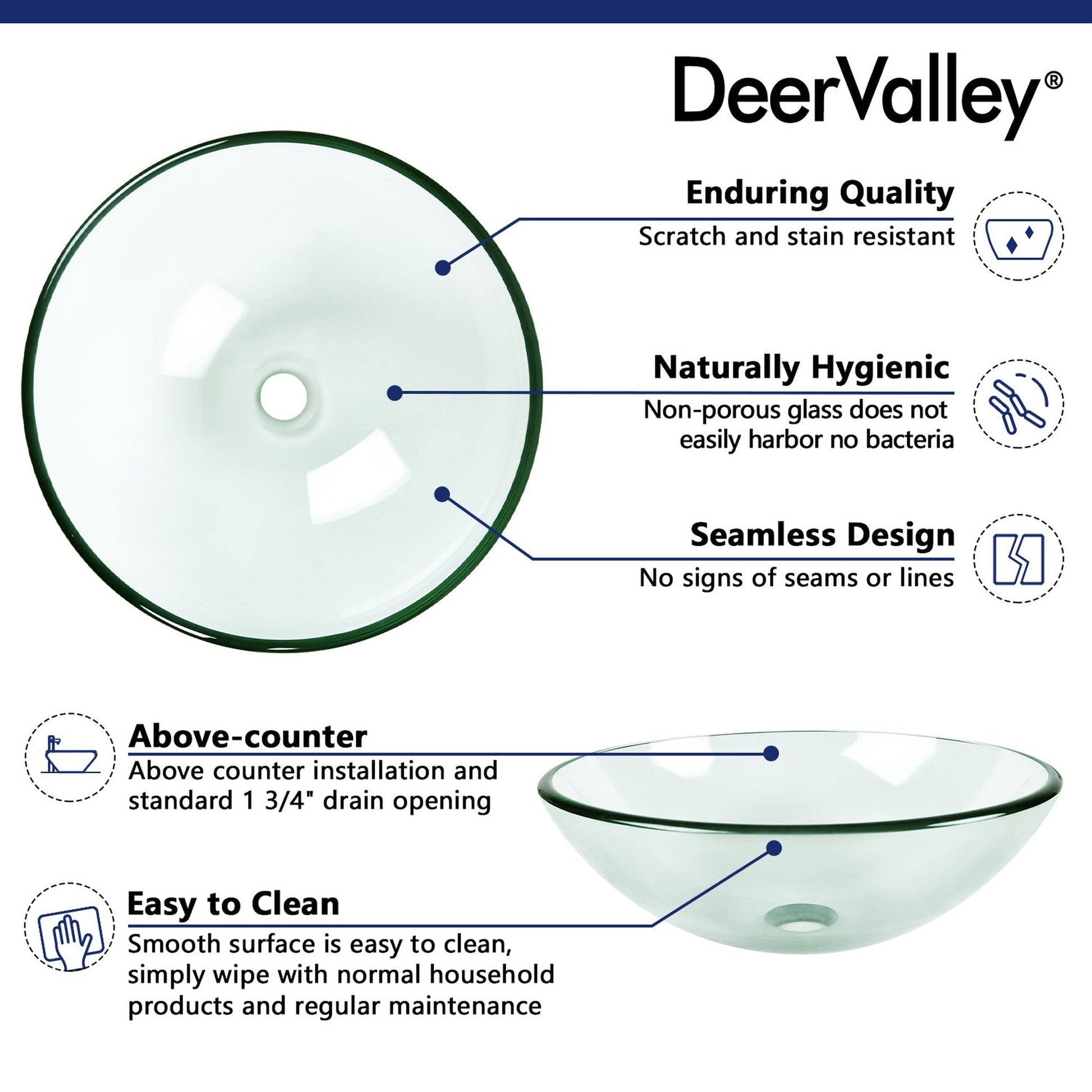 DeerValley Symmetry 17" Circular Clear Tempered Glass Bathroom Vessel Sink