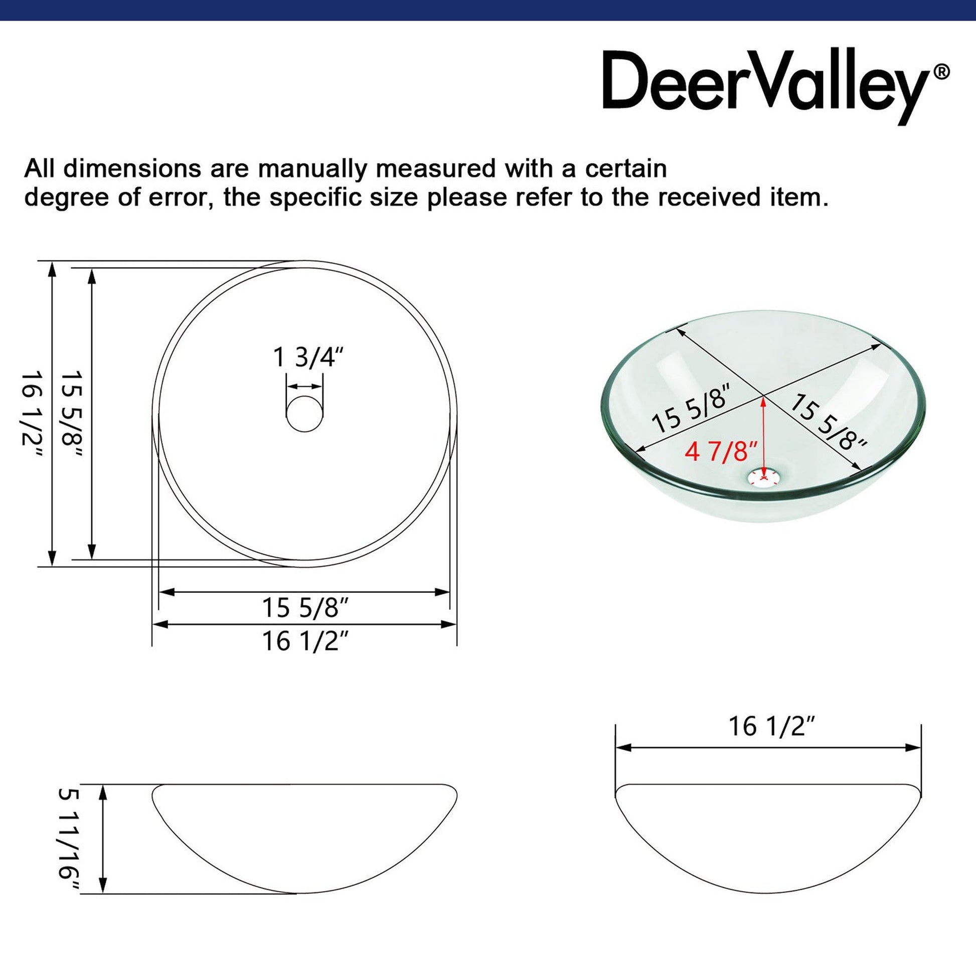 DeerValley Symmetry 17" Circular Clear Tempered Glass Bathroom Vessel Sink