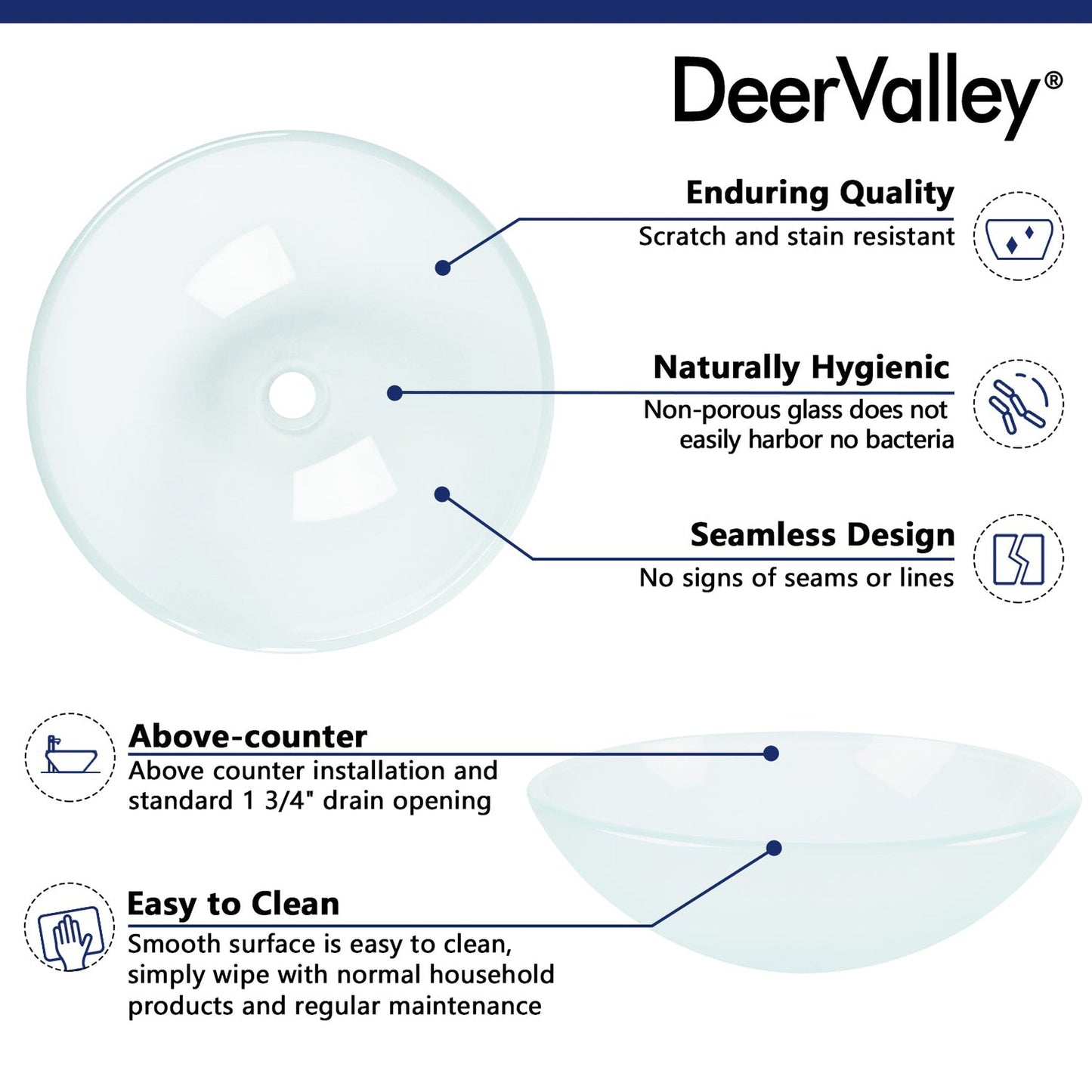 DeerValley Symmetry 17" Circular White Tempered Glass Bathroom Vessel Sink