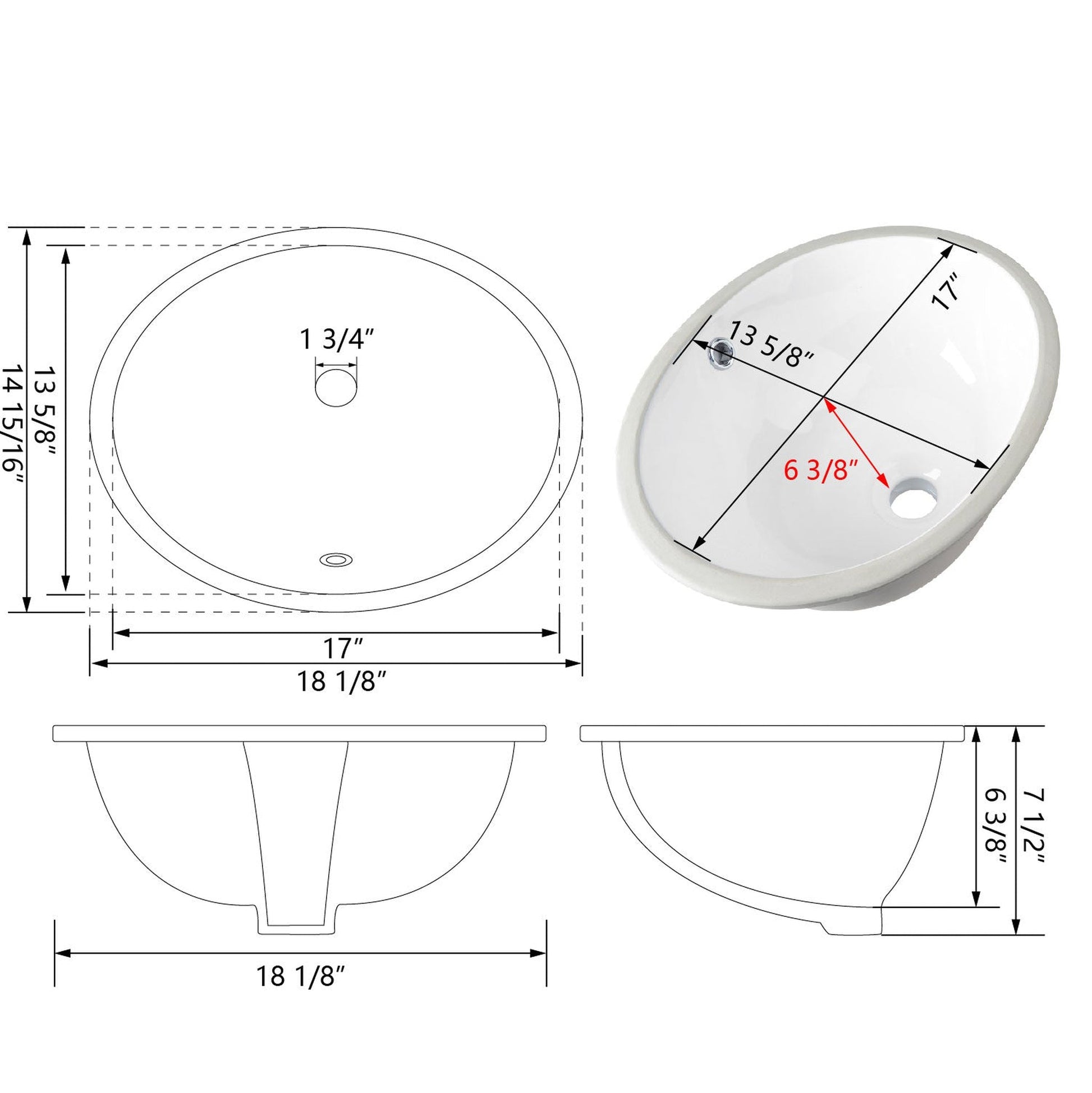 DeerValley Symmetry 18" x 15" Oval White Undermount Bathroom Sink With Overflow Hole