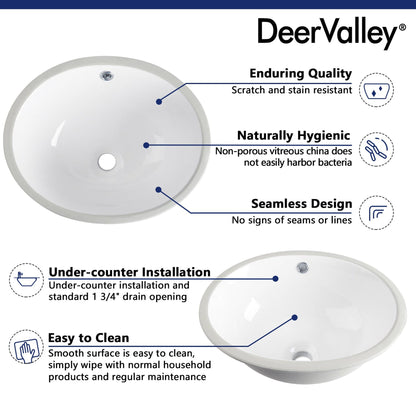 DeerValley Symmetry 18" x 15" Oval White Undermount Bathroom Sink With Overflow Hole