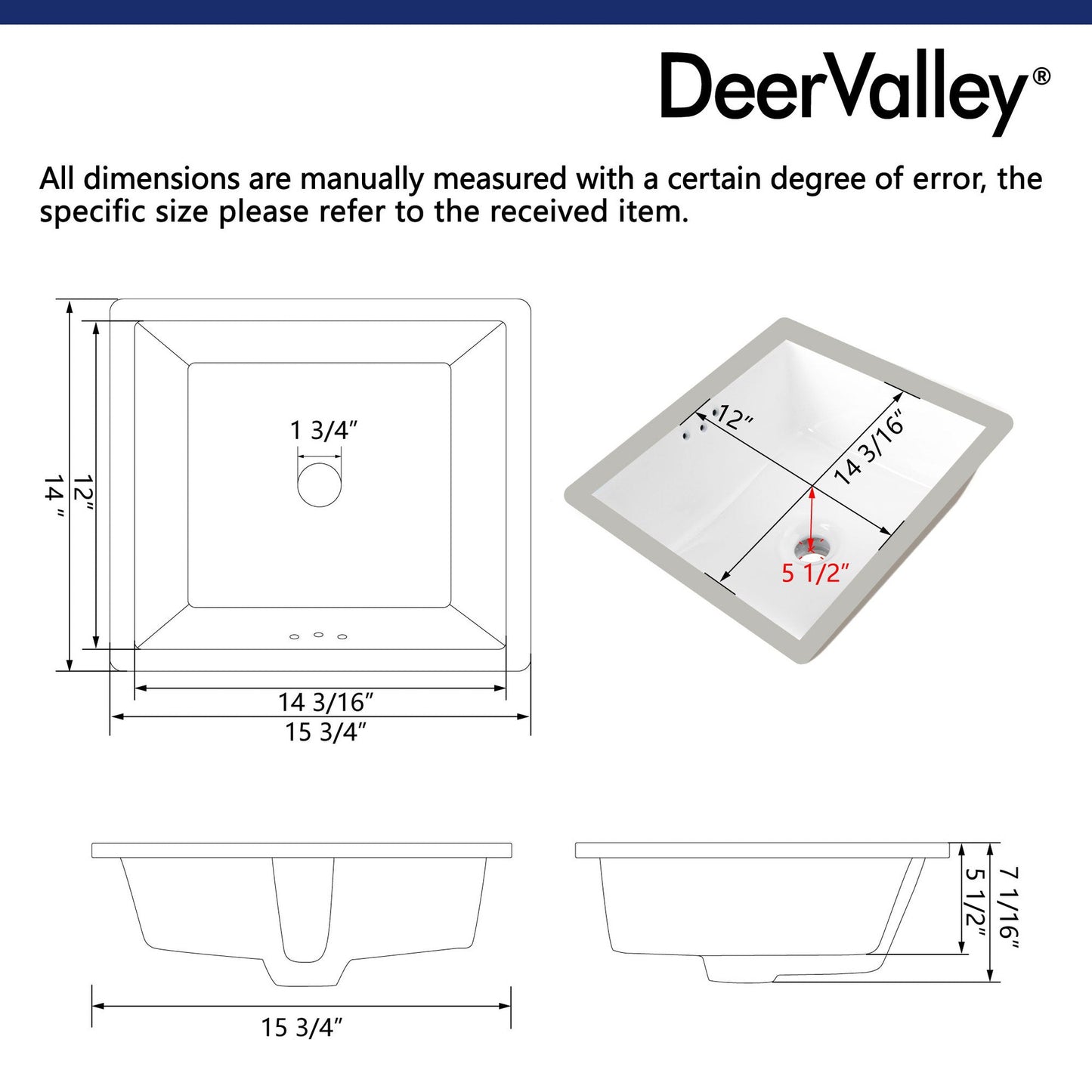 DeerValley Ursa 16" x 14" Rectangular White Undermount Bathroom Sink With Overflow Hole