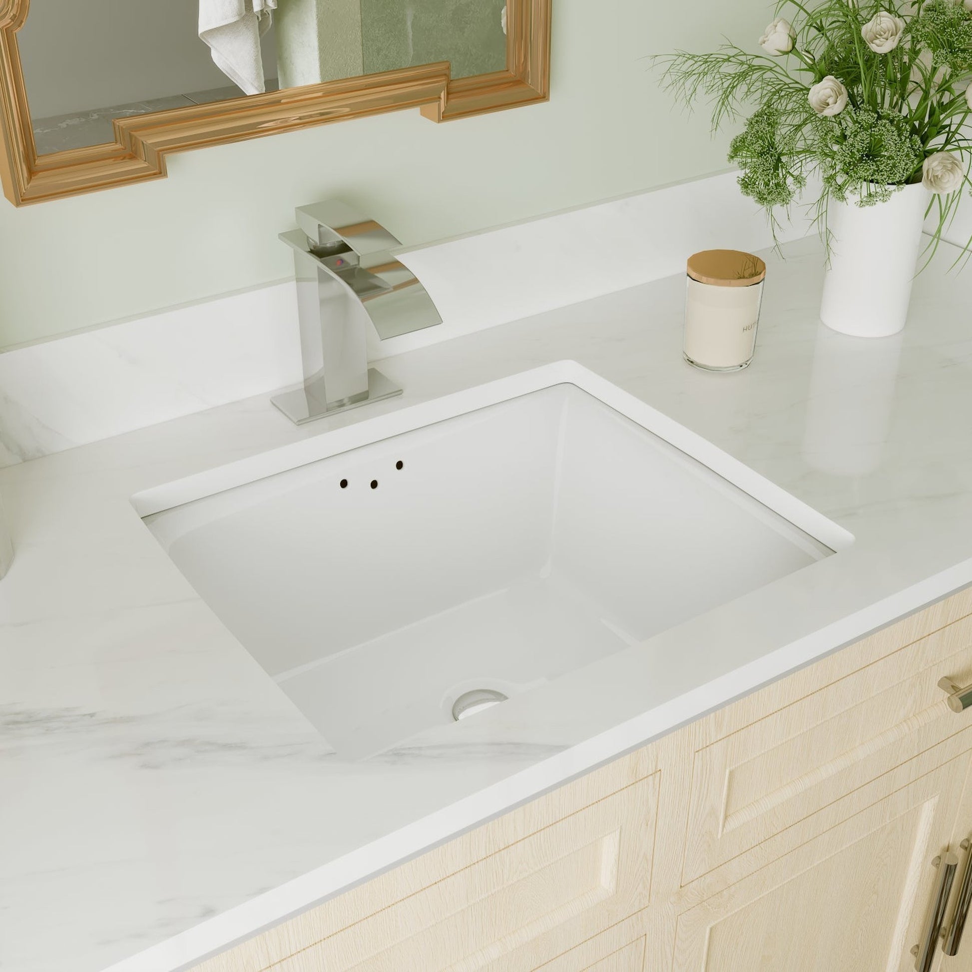 DeerValley Ursa 16" x 14" Rectangular White Undermount Bathroom Sink With Overflow Hole