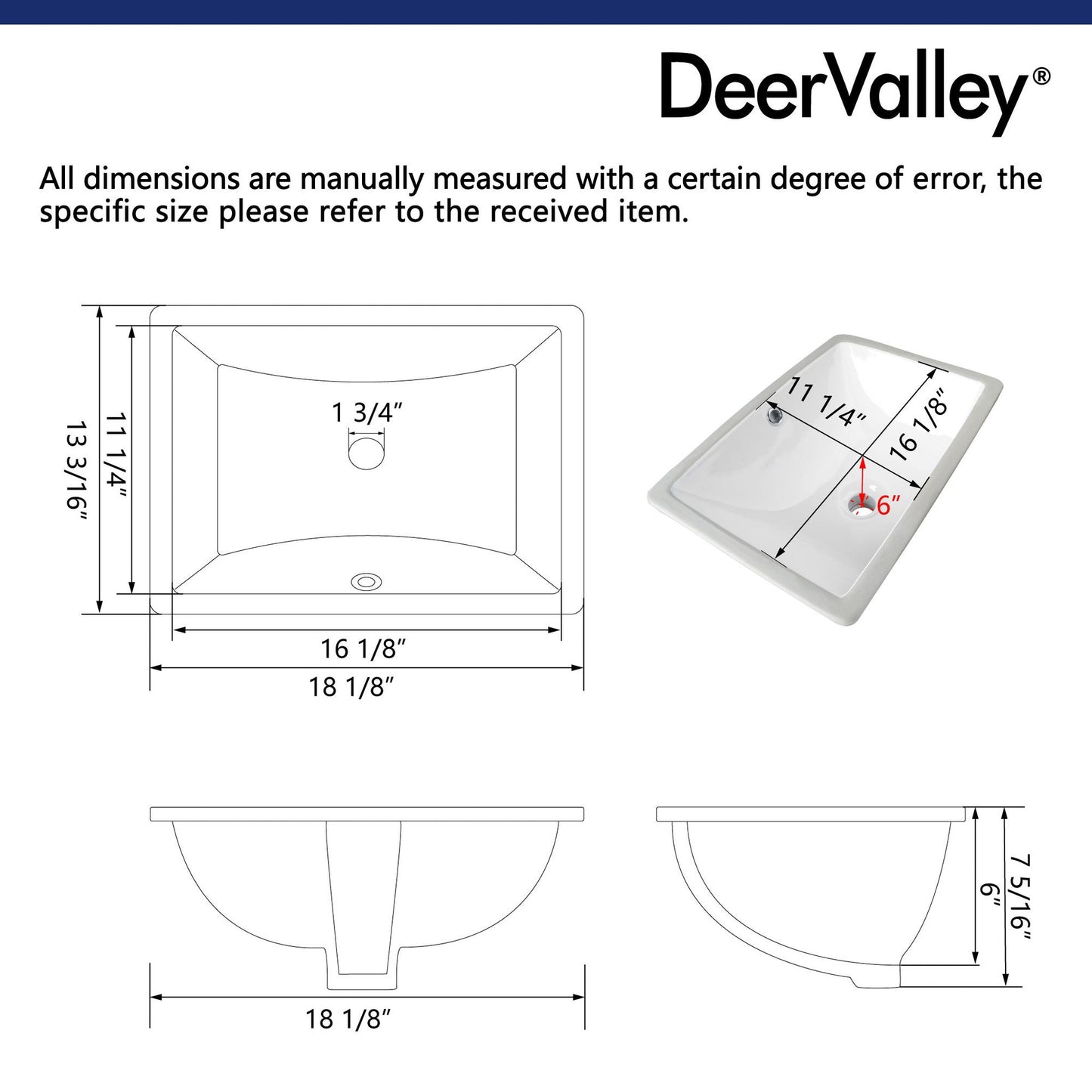 DeerValley Ursa 18" x 13" Rectangular Black Undermount Bathroom Sink With Overflow Hole