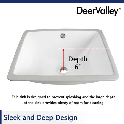 DeerValley Ursa 18" x 13" Rectangular White Undermount Bathroom Sink With Overflow Hole