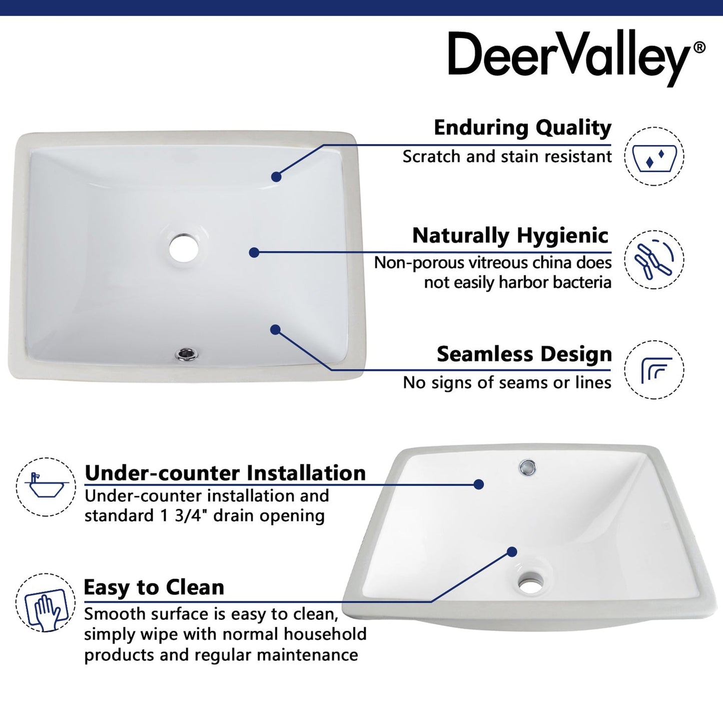 DeerValley Ursa 18" x 13" Rectangular White Undermount Bathroom Sink With Overflow Hole