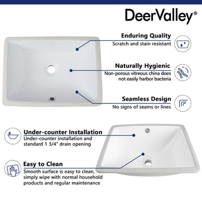 DeerValley Ursa 18" x 13" Rectangular White Undermount Bathroom Sink With Overflow Hole