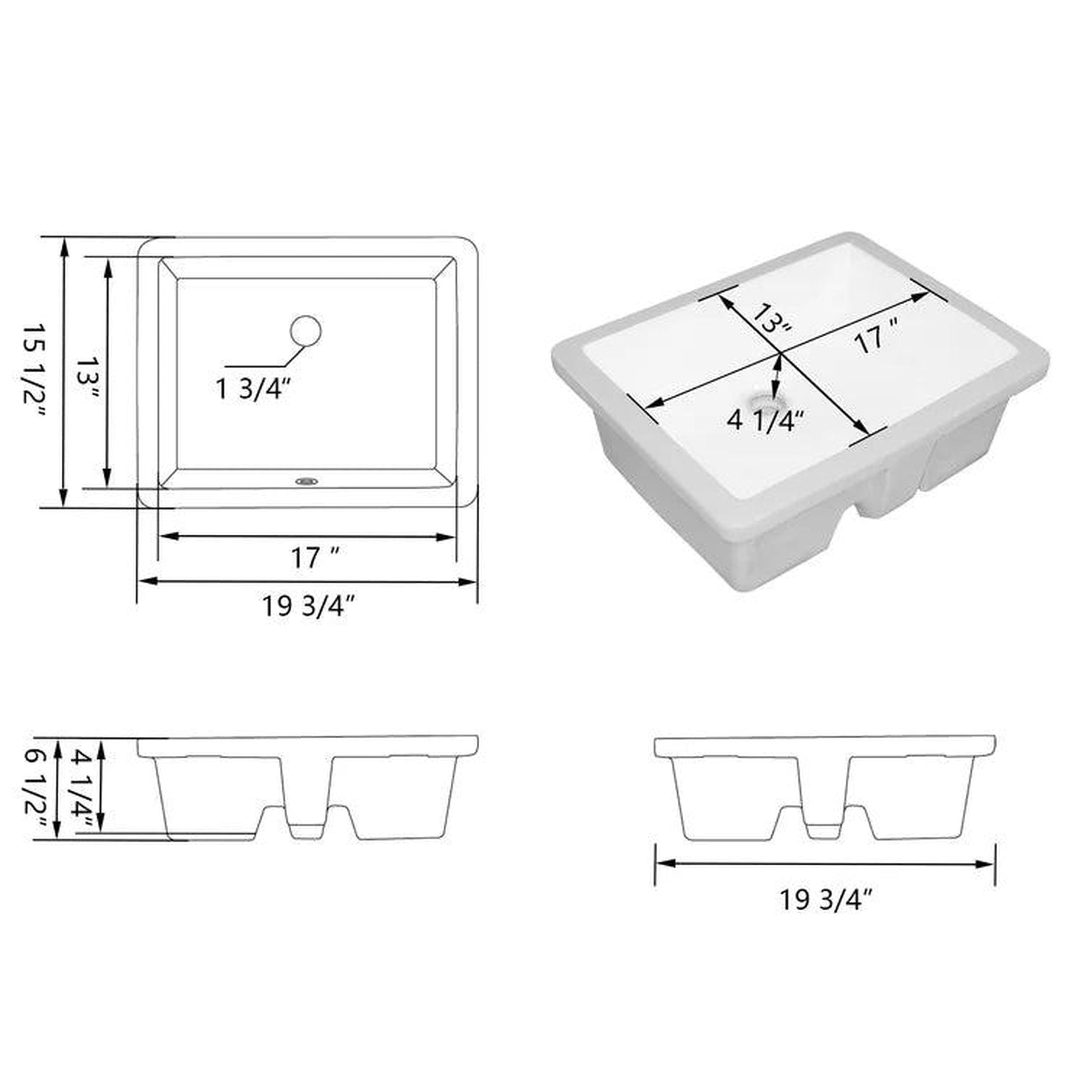 DeerValley Ursa 21" x 15" Rectangular White Undermount Bathroom Sink With Overflow Hole