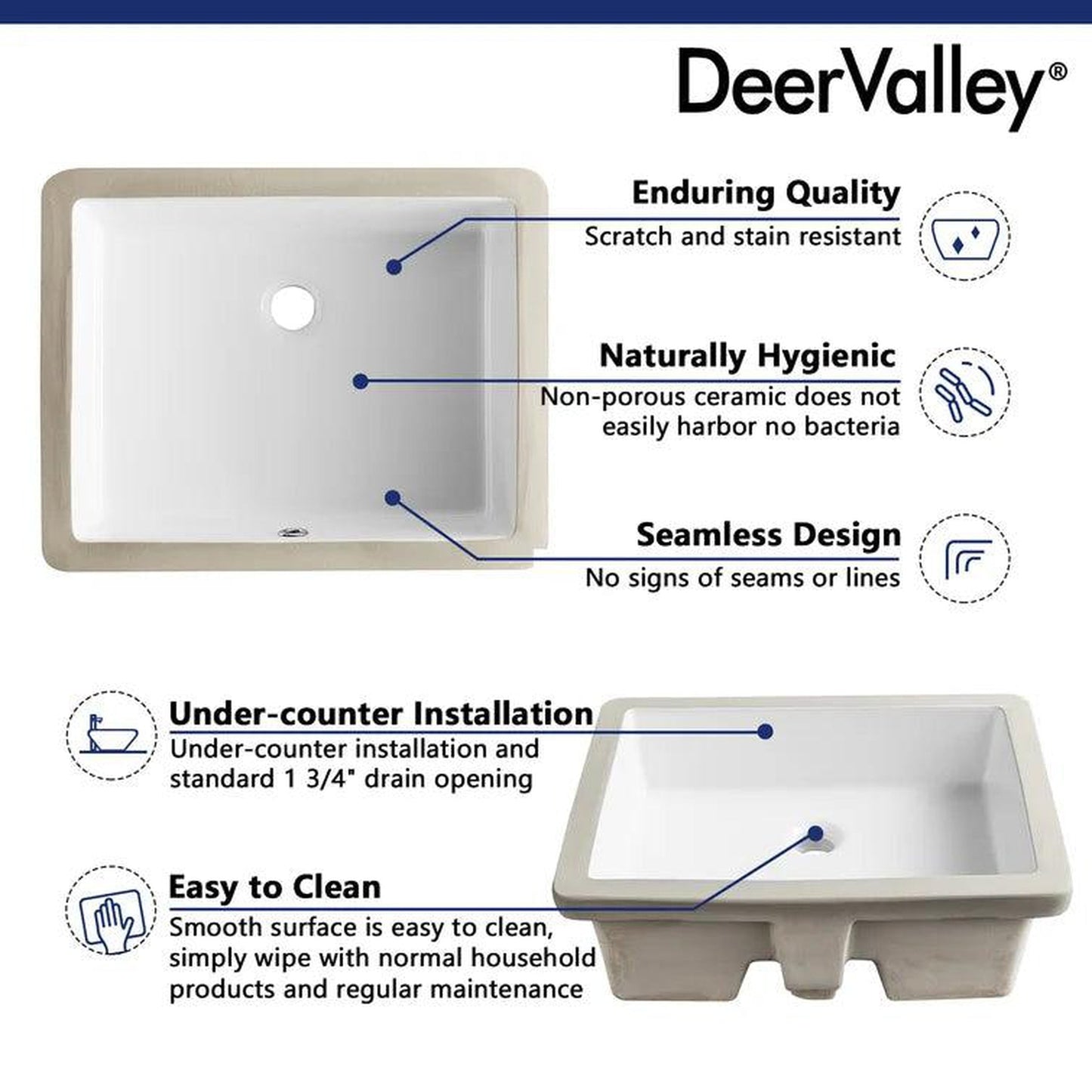 DeerValley Ursa 21" x 15" Rectangular White Undermount Bathroom Sink With Overflow Hole