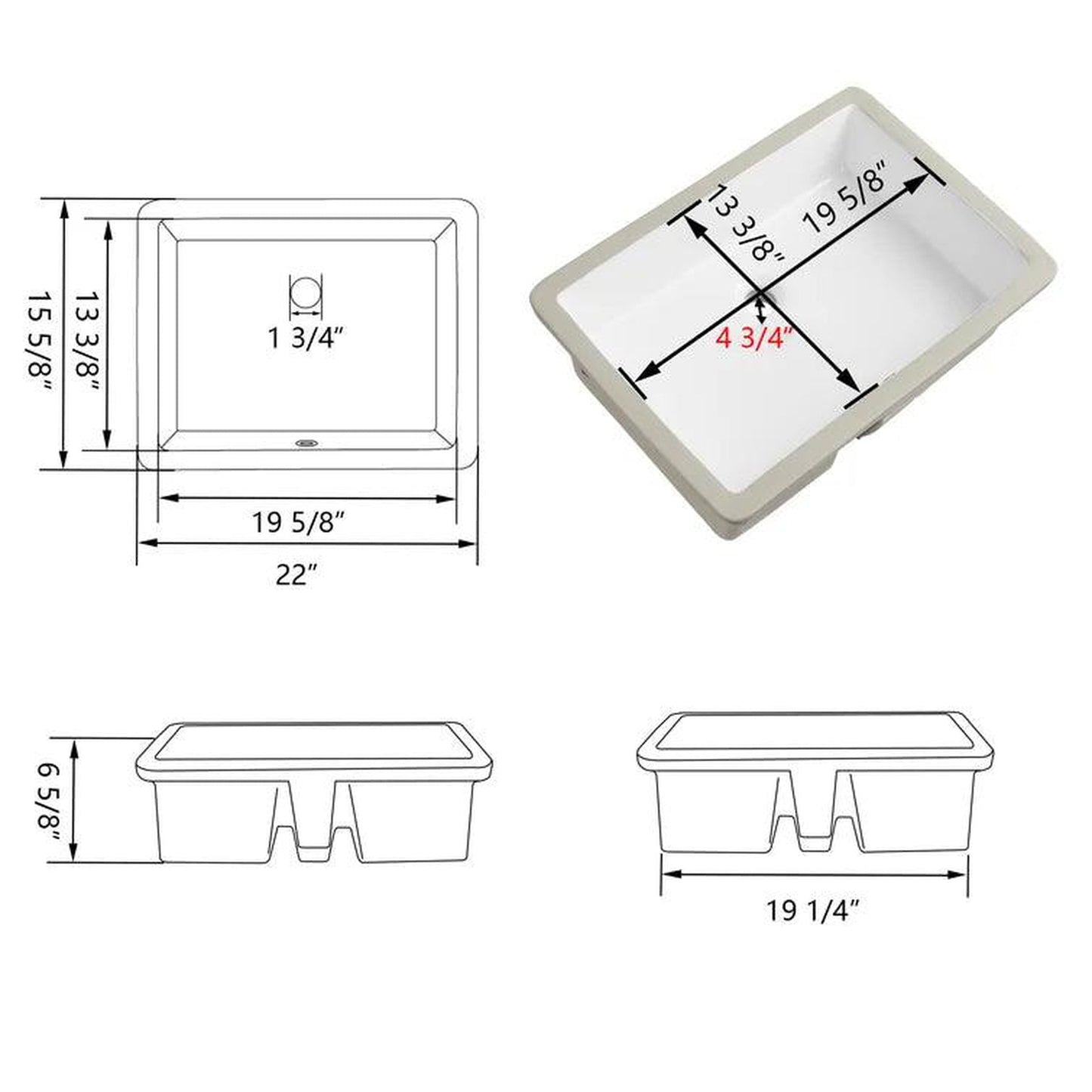 DeerValley Ursa 22" x 16" Rectangular White Undermount Bathroom Sink With Overflow Hole