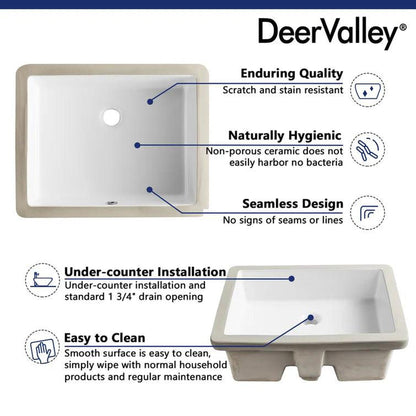 DeerValley Ursa 22" x 16" Rectangular White Undermount Bathroom Sink With Overflow Hole