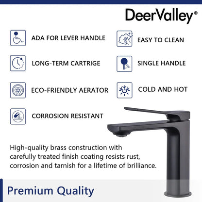 DeerValley Ursa Matte Black Brass Rust Resistant Single Hole Bathroom Faucet