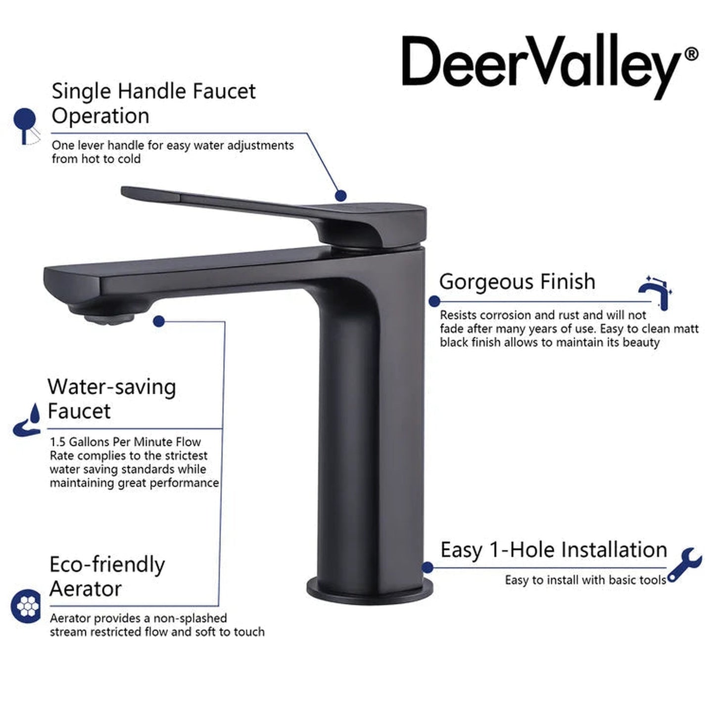 DeerValley Ursa Matte Black Brass Rust Resistant Single Hole Bathroom Faucet