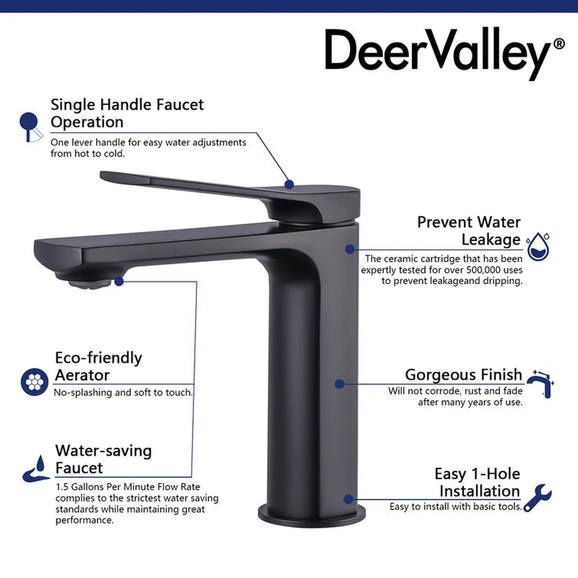 DeerValley Ursa Matte Black Brass Rust Resistant Single Hole Bathroom Faucet