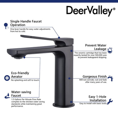 DeerValley Ursa Matte Black Brass Rust Resistant Single Hole Bathroom Faucet