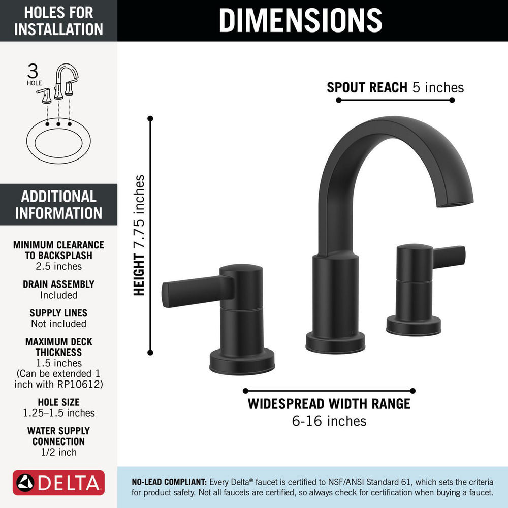 Delta Albion™ 35855LF-BL Two Handle Widespread Matte Black Bathroom Faucet