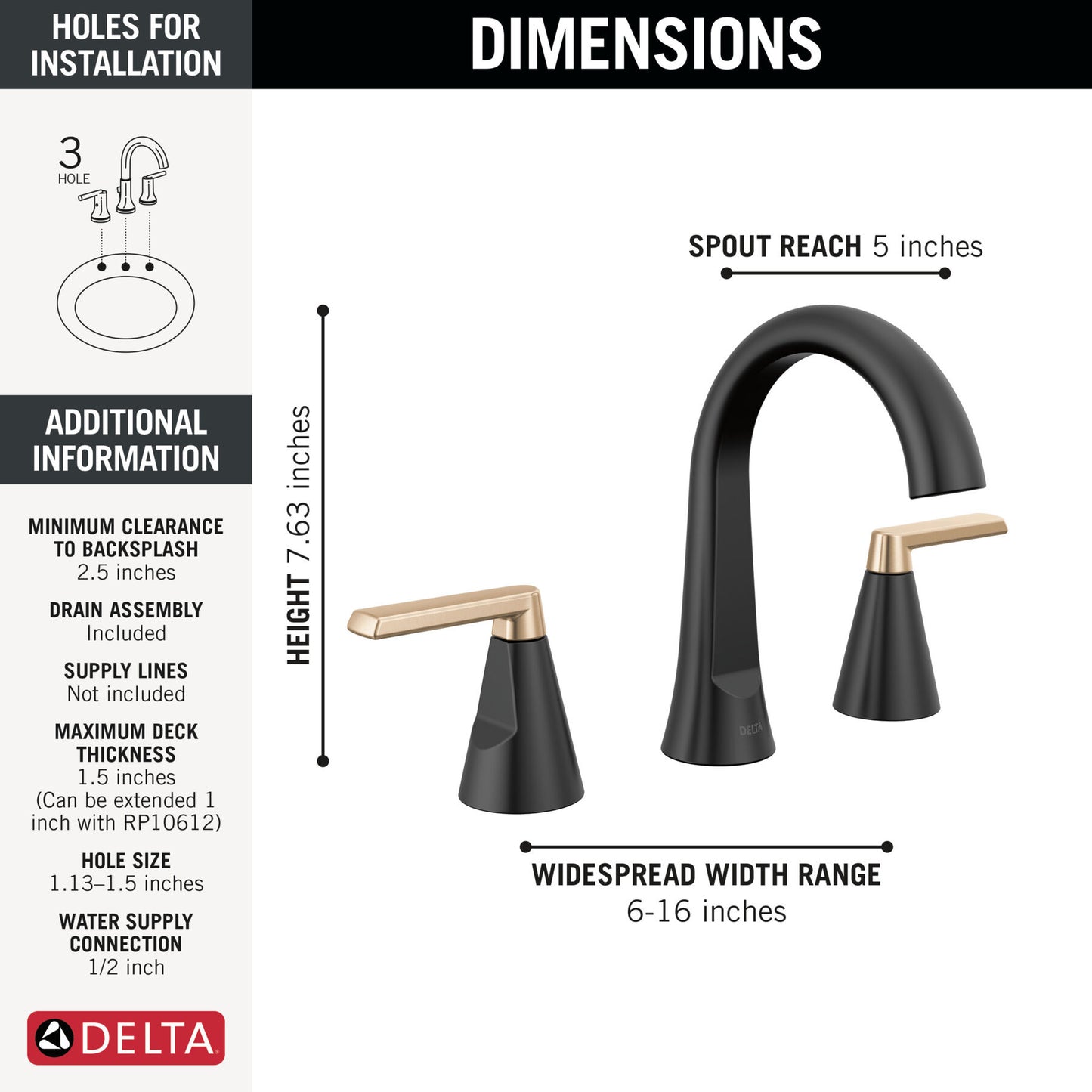 Delta Sparrow Two Handle Widespread Matte Black and Champagne Bronze Faucet