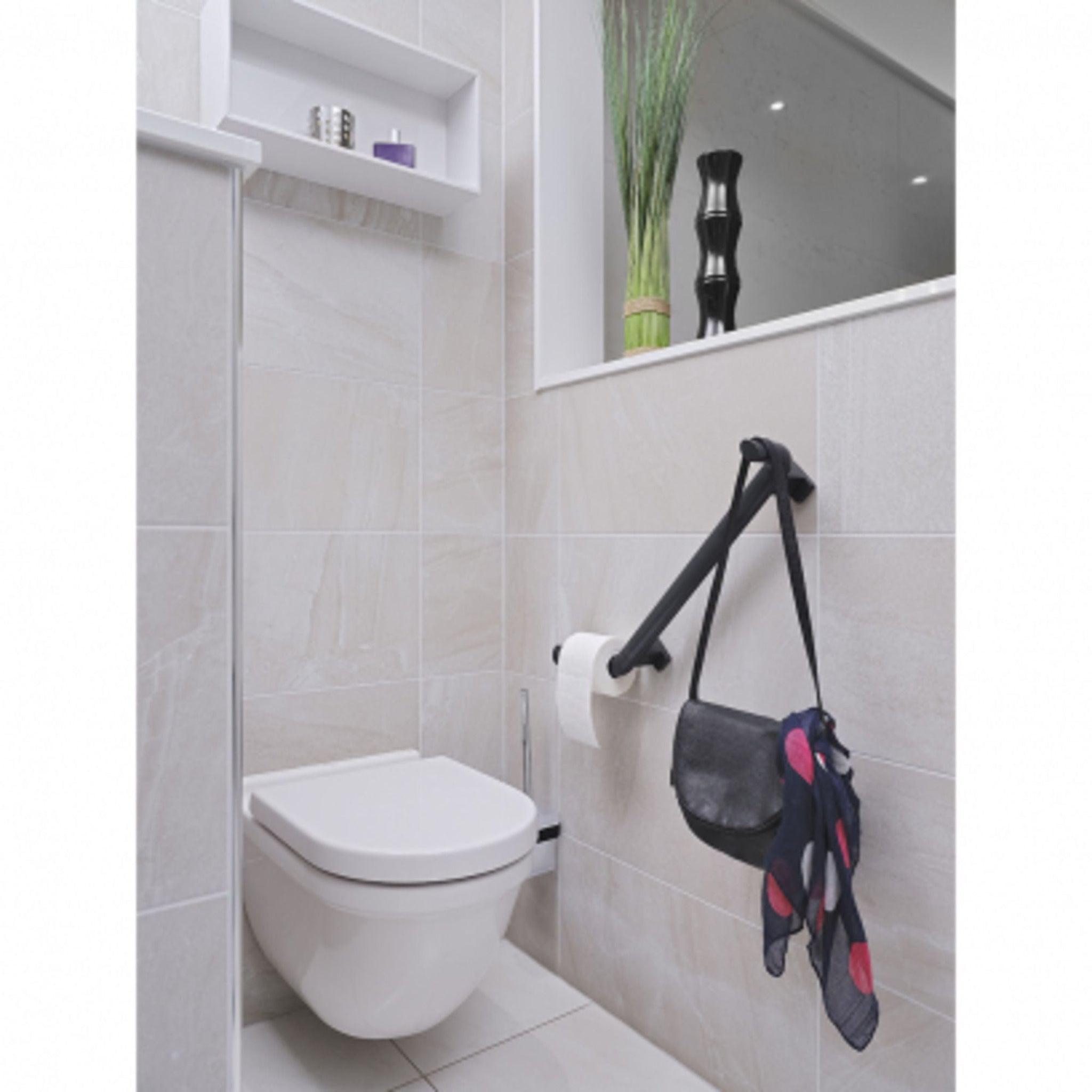 Design By Intent Pellet Ellipso Black Angled Grab Bar With Purse Hook and Toilet Paper Holder 2