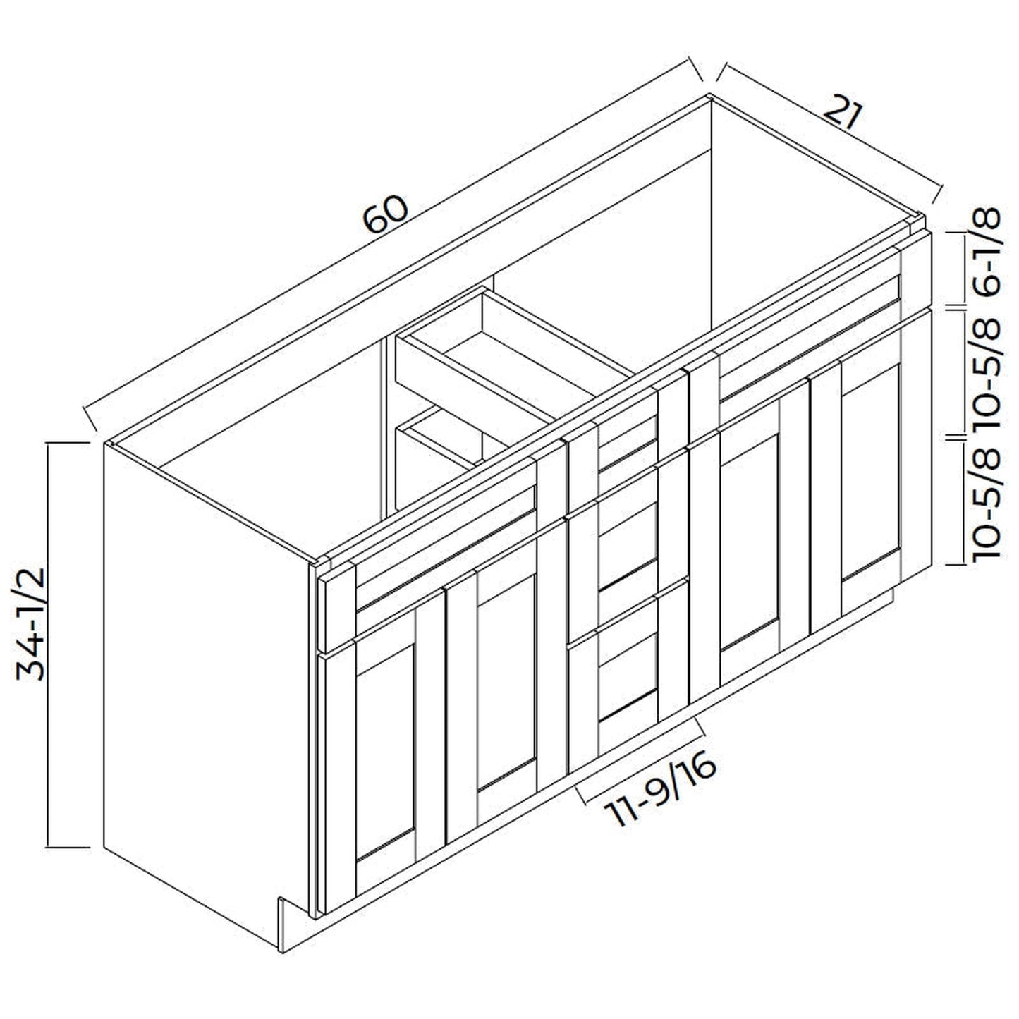 Domain Cabinets 6021DD-EOS-NG Elegant Shaker 60" x 35" With 4 Doors and 3 Drawers Oak Wooden Vanity Double Sink Base Cabinet