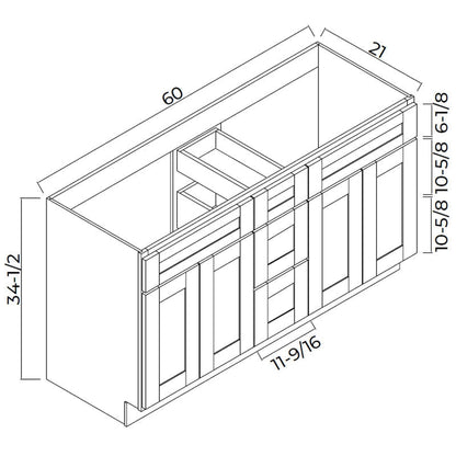 Domain Cabinets 6021DD-EOS-NG Elegant Shaker 60" x 35" With 4 Doors and 3 Drawers Oak Wooden Vanity Double Sink Base Cabinet