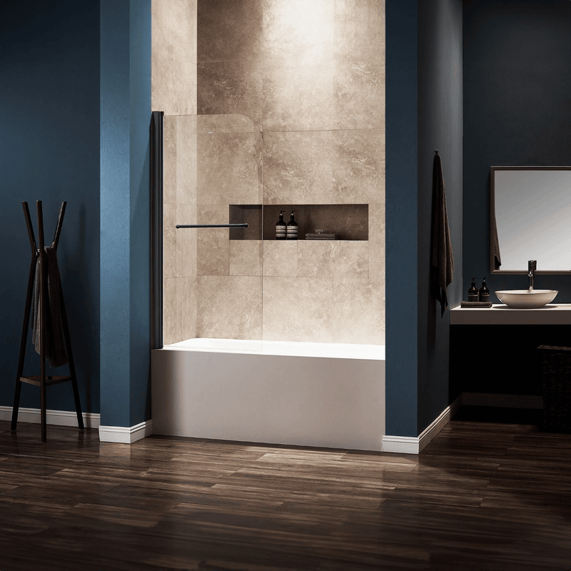 DreamWerks 30" x 59" Frameless Pivot Tub Door With Clear Glass and Handle in Black