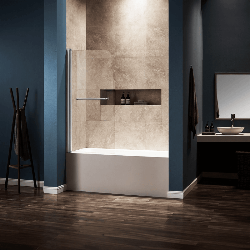 DreamWerks 30" x 59" Frameless Pivot Tub Door With Clear Glass and Handle in Chrome