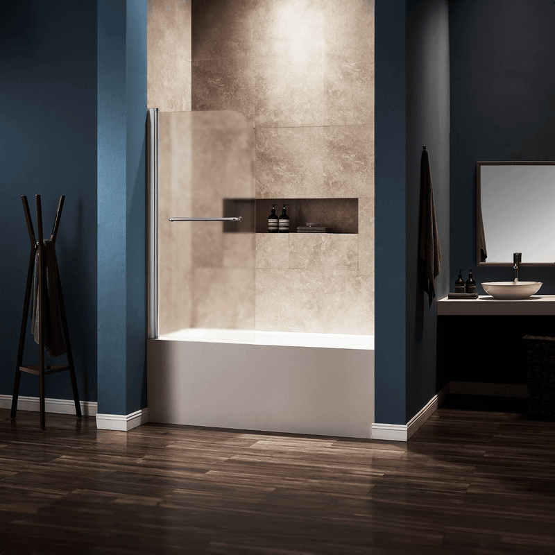 DreamWerks 30" x 59" Frameless Pivot Tub Door With Frosted Glass and Handle in Chrome