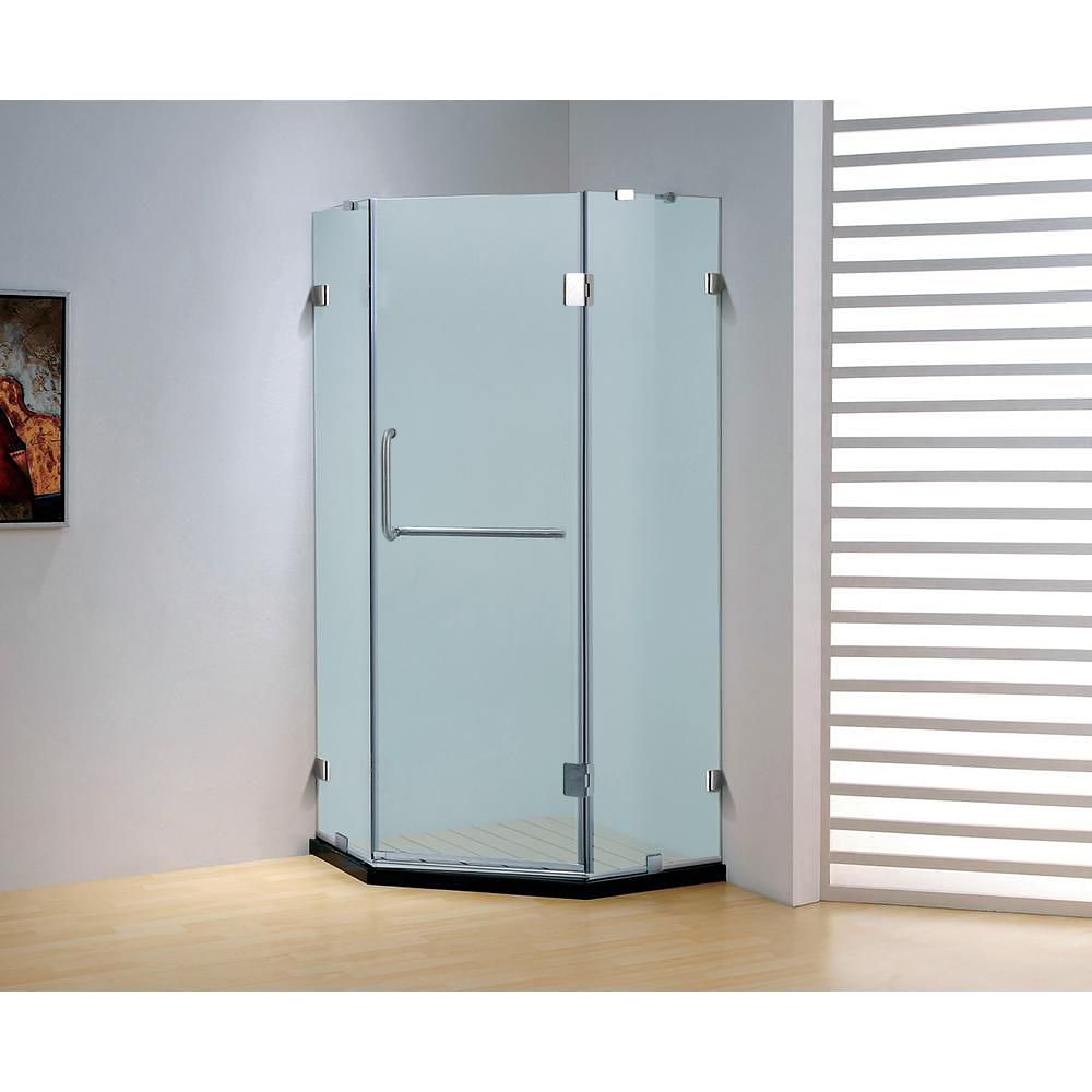 DreamWerks 39" x 79" Frameless Neo-Angle Hinged Shower Door in Chrome With Handle - Frosted Glass (Right Opening)