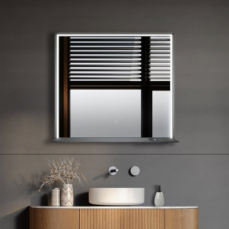 DreamWerks Allegra 36" x 32" Framed LED Mirror With Bluetooth Speaker and Wireless Cell Phone Charger in Black