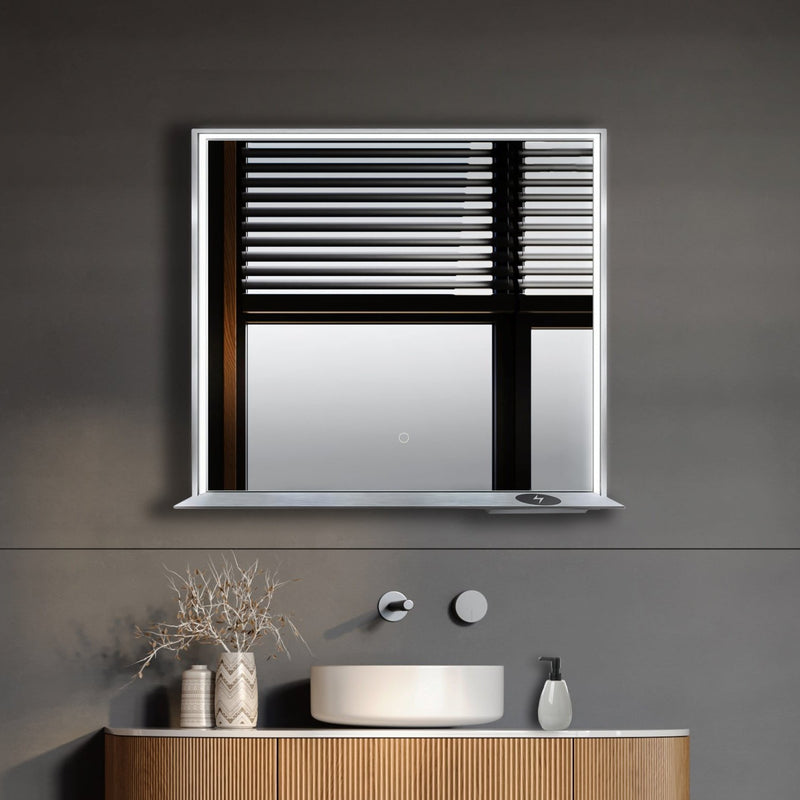 DreamWerks Allegra 36" x 32" Framed LED Mirror With Bluetooth Speaker and Wireless Cell Phone Charger in Brushed Nickel