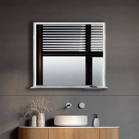 DreamWerks Allegra 36" x 32" Framed LED Mirror With Bluetooth Speaker and Wireless Cell Phone Charger in Brushed Nickel