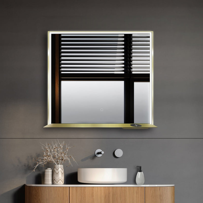 DreamWerks Allegra 36" x 32" Framed LED Mirror With Bluetooth Speaker and Wireless Cell Phone Charger in Gold