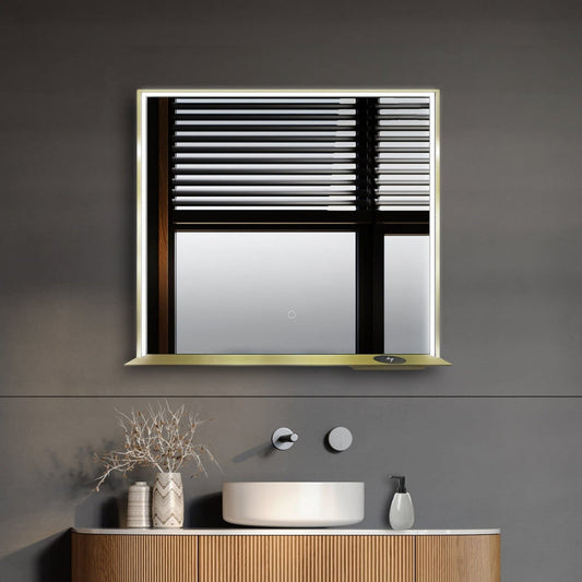 DreamWerks Allegra 36" x 32" Framed LED Mirror With Bluetooth Speaker and Wireless Cell Phone Charger in Gold