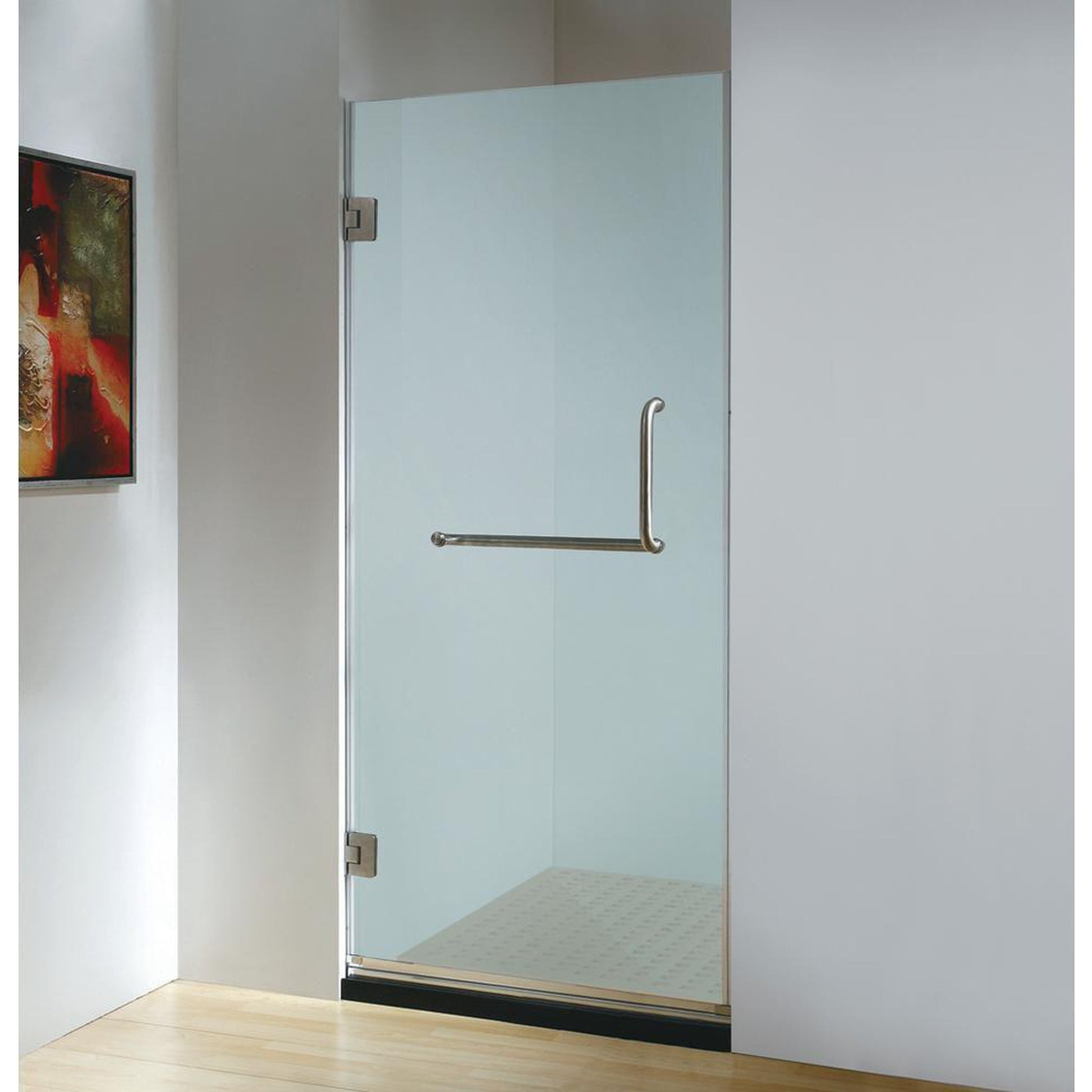 Dreamwerks 30" x 79" Frosted Glass Frameless Hinged Shower Door With Stainless Steel Handle
