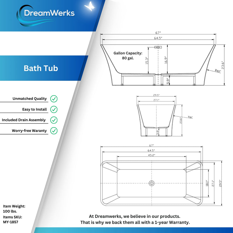 Dreamwerks Valencia 67" Glossy White Acrylic Flatbottom Rectangular Bathtub