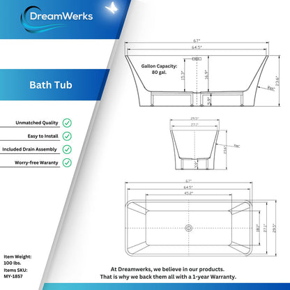 Dreamwerks Valencia 67" Glossy White Acrylic Flatbottom Rectangular Bathtub