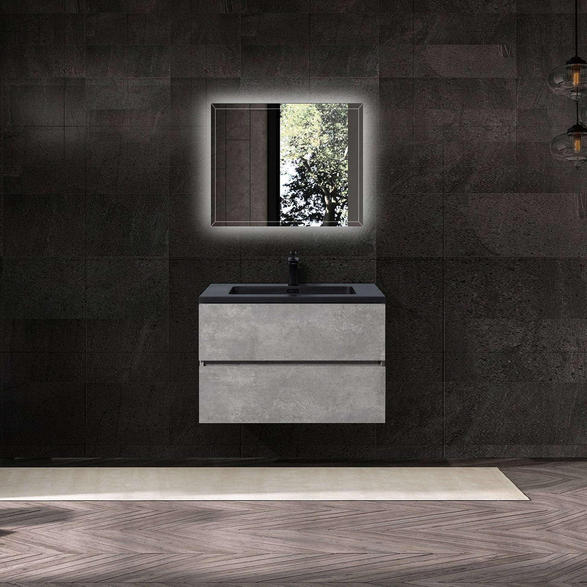 Duko Edi 30" Wooden Vanity Set With Black Single Basin and Drawer Cabinet Cement Gray